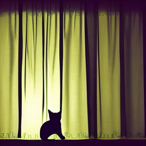 Prompt: a silhouette of a cat sitting behind a curtain