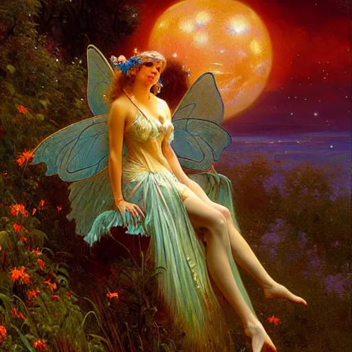 Image similar to attractive fairy magically floating high in the night, fantasy, full moon in background. highly detailed painting by gaston bussiere, craig mullins, j. c. leyendecker, sharp focus, 8 k