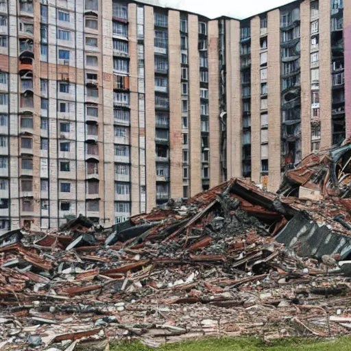 Image similar to tower block collapsed, rescue dog, photo realistic, rule of thirds