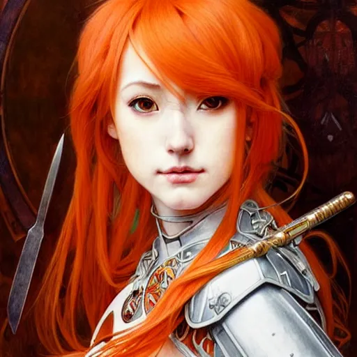 Prompt: Masterpiece head and shoulders portrait of Asuna Yuuki, young woman with orange hair wearing a partial paladin armor with a red skirt and white top, face, fantasy, intricate, elegant, highly detailed drawn by Donato Giancola and Fernanda Suarez and Artem Demura, face by Artgerm and Edmund Leighton, Alphonse Mucha, background by James Jean and Gustav Klimt, 4k, porcelain skin, komorebi, french nouveau, trending on pixiv, octane render, hyperrealistic