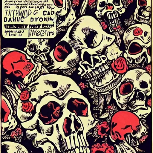 Image similar to skulls dancing along with a bunch of bones, world melting, 8 0 s science fiction, insanity