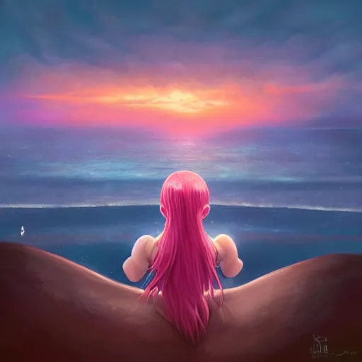 Prompt: anime girl with pink hair watching sunset, by lise deharme,