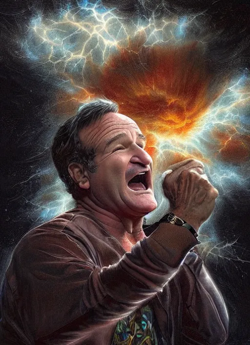 Prompt: robin williams in a raging thunder storm, cosmic horror painting, elegant intricate digital painting artstation concept art by mark brooks and brad kunkle detailed