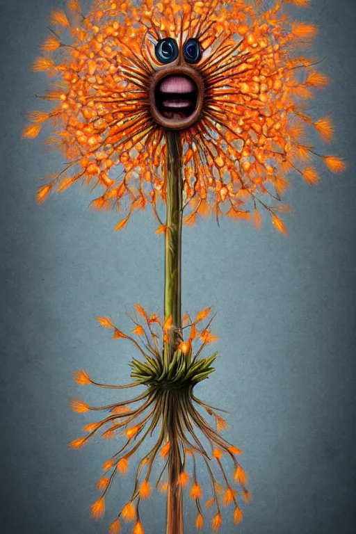 Prompt: a humanoid figure dandelion plant monster, orange eyes, highly detailed, digital art, sharp focus, ambient orange lighting, trending on art station, anime art style
