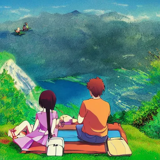 Image similar to digital art, anime, boy and girl sitting on the ledge of a mountain having a picnic with a beautiful view, creative, concept