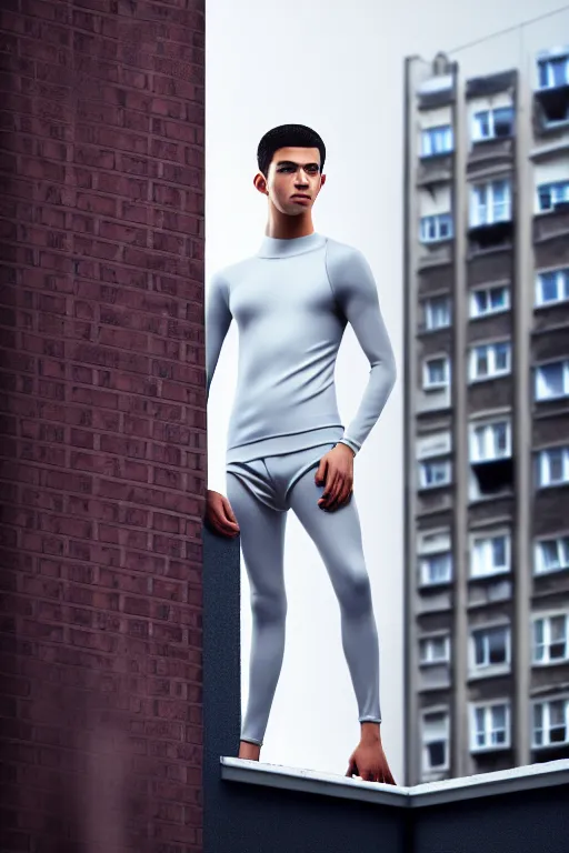 Image similar to un ultra high definition studio quality photographic art portrait of a young man standing on the rooftop of a british apartment building wearing soft padded silver pearlescent clothing. three point light. extremely detailed. golden ratio, ray tracing, volumetric light, shallow depth of field. set dressed.