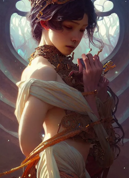 Image similar to : olorun fantasy, fantasy magic, , intricate, sharp focus, illustration, highly detailed, digital painting, concept art, matte, art by WLOP and Artgerm and Greg Rutkowski and Alphonse Mucha, masterpiece