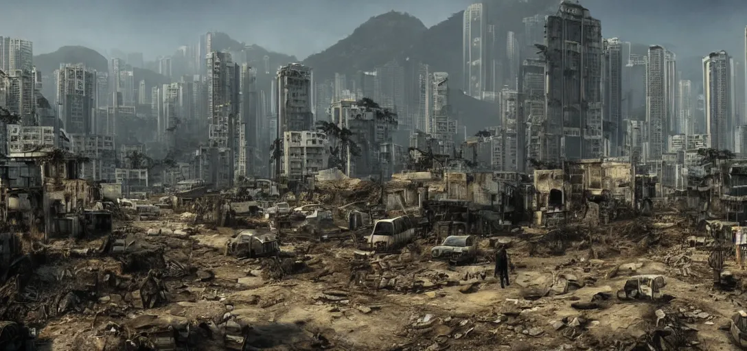 Prompt: A photorealistic and highly detailed landscape of post apocalyptic Hong Kong set in the Fallout Universe, dynamic lighting, very sunny