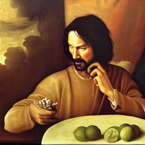 Prompt: renaissance painting of keanu reeves sitting on a bench with cucumber soup. angels in the sky. detailed.