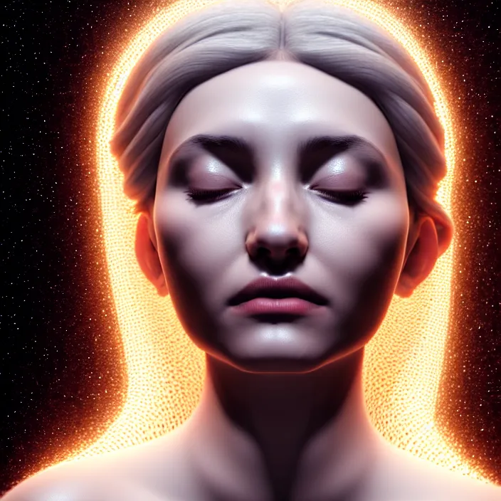 Image similar to a beautiful female goddess portrait, in a flowing white gown, entwined by light frequencies and wiring, octane render, floating in the universe, surrounded by stars and black holes, darkly surreal, light shining through, hyper - realistic, highly detailed, sharp focus, smooth, intricate