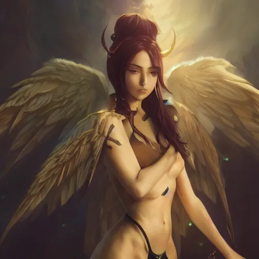 Image similar to an oil painting of a beautiful anime girl with demon wings, by artgerm and greg rutkowski, hd, hdr, ue 5, ue 6, unreal engine 5, cinematic 4 k wallpaper, 8 k, ultra detailed, high resolution, artstation, award winning