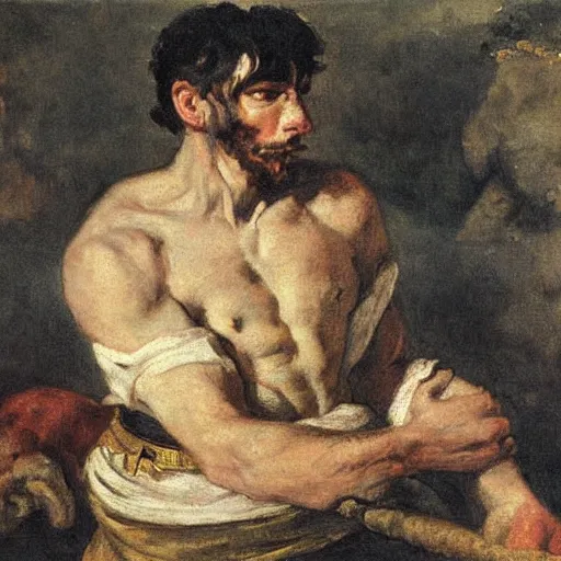 Image similar to half goat, half lion, painting by Eugene Delacroix, highly detailed