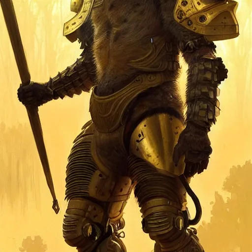 Image similar to a long shot photo of a humanoid hyena were a heroic armour an gold helmet in the forest, long hair, highly detailed, digital painting, artstation, smooth, sharp focus, illustration, art by artgerm and greg rutkowski and alphonse mucha