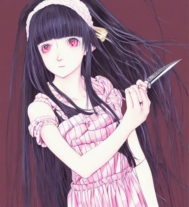 Image similar to portrait of a morbid 18 year old young woman wearing a dress of the soft aesthetic with wavy long hair, in a butcher shop, queen of sharp razorblades holds a single small sharp blade or a razor her hand and shows it to the user, in the style of Range Murata and by Katsuhiro Otomo and Yoshitaka Amano.