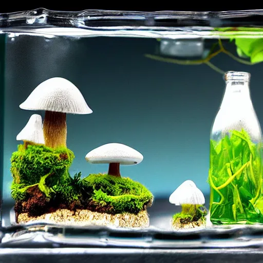 Prompt: miniature world in a glass bottle, space, mushroom