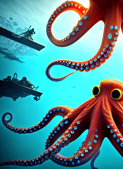 Image similar to detailed image of trident octopus's hunting, kid snorkeling, very coherent symmetrical artwork, cinematic, hyper realism, high detail, octane render, unreal engine, 8k, full body character drawing, clean ink detailed line drawing, intricate detail, extremely detailed.