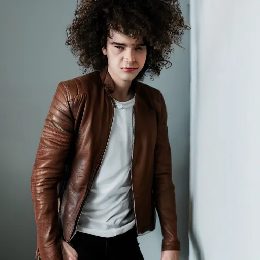 Prompt: a young man with a white shirt, brown leather jacket, ripped jeans, and curly hair inside of the backrooms, 4k realistic photo