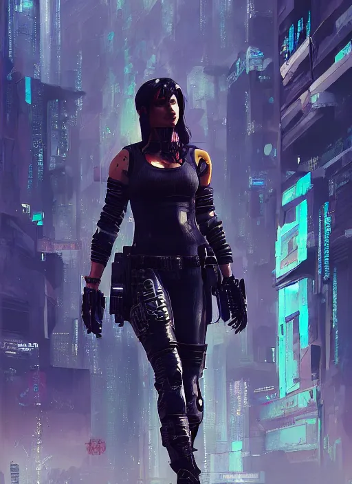 Image similar to Ela. Cyberpunk mercenary in tactical gear infiltrating corporate mainframe. (Cyberpunk 2077), blade runner 2049, (matrix) Concept art by James Gurney, Craig Mullins and Alphonso Mucha. Stylized painting with Vivid color.