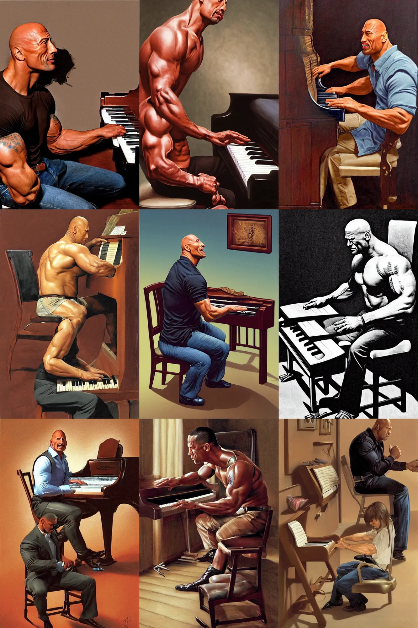 Prompt: Dwayne Johnson struggling to play a small piano on a tiny chair by Greg Hildebrandt