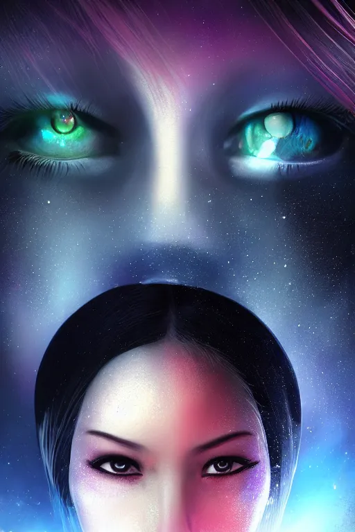 Image similar to beautiful hyper realistic, moonbow queen, highly detailed, artgerm, artstation, deviantart, black, malicious, dark, extreme closeup three-quarter android portrait, tilt shift LaGrange point orbit background, three point perspective, focus on portrait of two androids; pointé pose; eye contact, kinemacolor, soft lighting