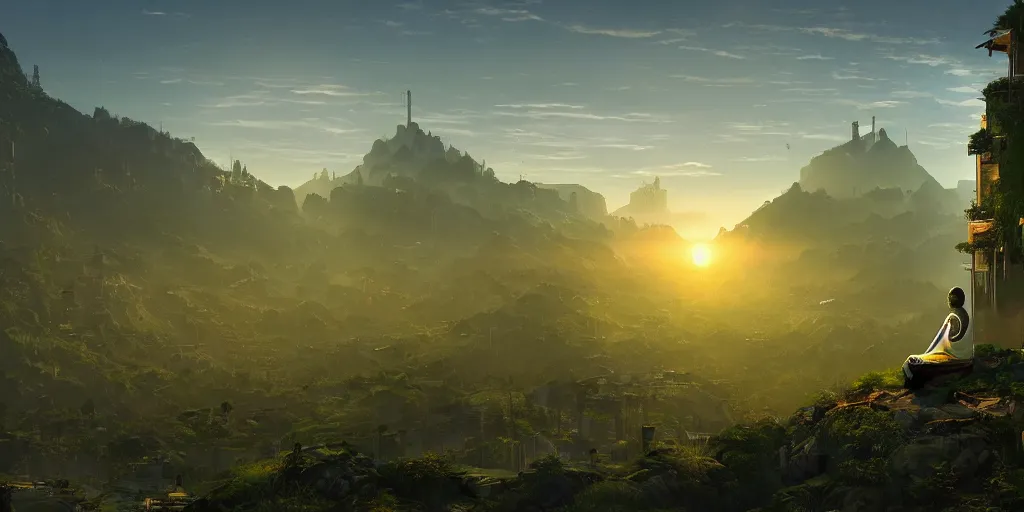 Prompt: a cinematic composition depicting : a computer run cyberpunk civilization encroaching on a solarpunk world, on top of the mountain a monk is in a lotus pose overlooking a hopeful and lush foresty solarpunk valley at sunrise