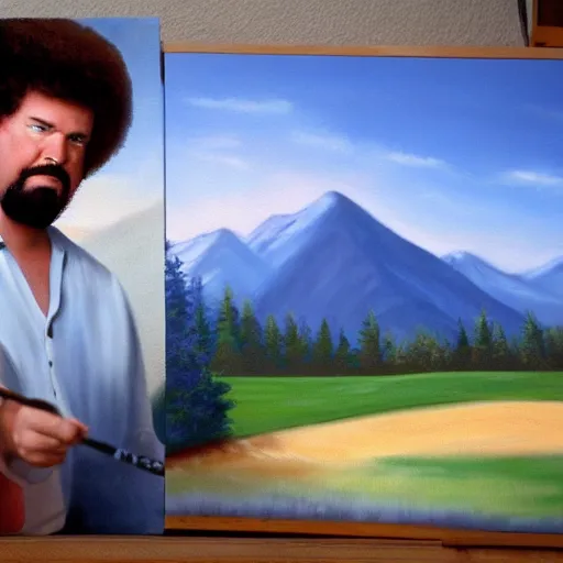 Image similar to a closeup photorealistic photograph of bob ross painting an image of kenny powers pitching a baseball on a canvas. mountains and trees. film still. brightly lit scene. this 4 k hd image is trending on artstation, featured on behance, well - rendered, extra crisp, features intricate detail, epic composition and the style of unreal engine.