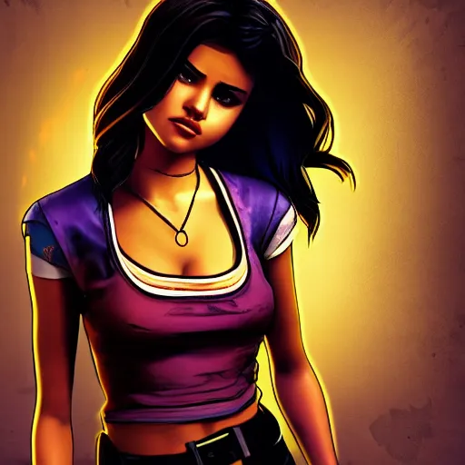 Prompt: selena gomez portrait, borderlands, tales from the borderlands, the wolf among us, comic, cinematic lighting, studio quality, 8 k