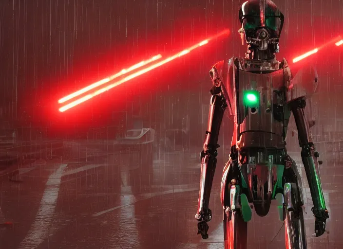 Prompt: 3 5 mm portrait photo of general grievous face with heavy duty biomechanical cybernetic body with 4 arms holding red lightsabers fighting obi wan kenobi in the city in the rain. cyberpunk horror in the style of george lucas. unreal engine render with nanite and path tracing.