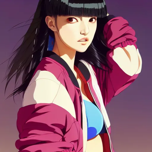 Image similar to a beautiful japanese natalie portman gravure model, wearing oversized native designer bomber jacket and leotard, bulky poofy bomber jacket with mesoamerican patterns, mesoamerican native street fashion, gapmoe yandere grimdark, trending on pixiv fanbox, painted by greg rutkowski makoto shinkai takashi takeuchi studio ghibli, akihiko yoshida