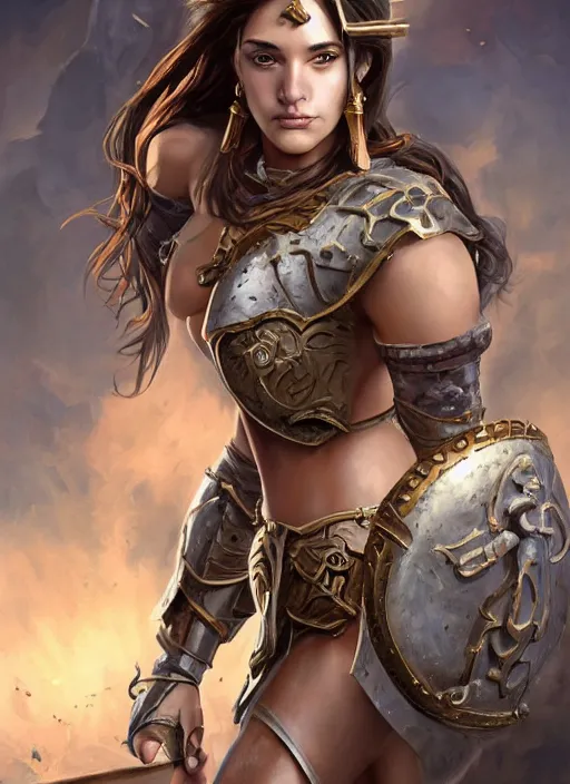 Image similar to a professionally painting of an attractive young girl, partially clothed in battle armor, olive skin, long dark hair, beautiful bone structure, perfectly proportioned, nubile body, symmetrical facial features, intricate, elegant, heroic pose, digital painting, concept art, smooth, sharp focus, finely detailed, from Warhammer, in the style of Artgerm and Greg Rutkowski and William-Adolphe Bouguerea