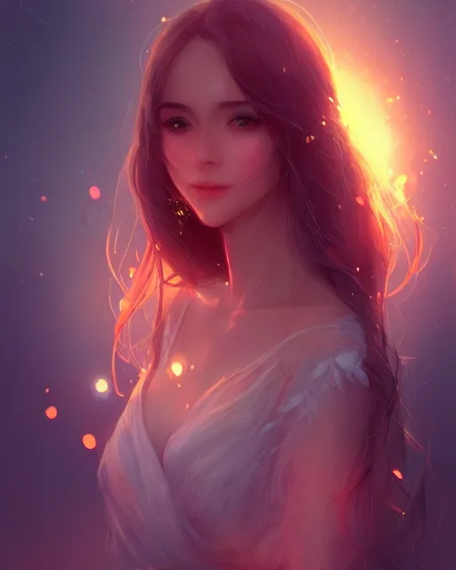 Prompt: Portrait of an elegant woman in a warm glowing scenery, sunset, fantasy, anime, intricate sparkling atmosphere, artstation, wlop, artgerm