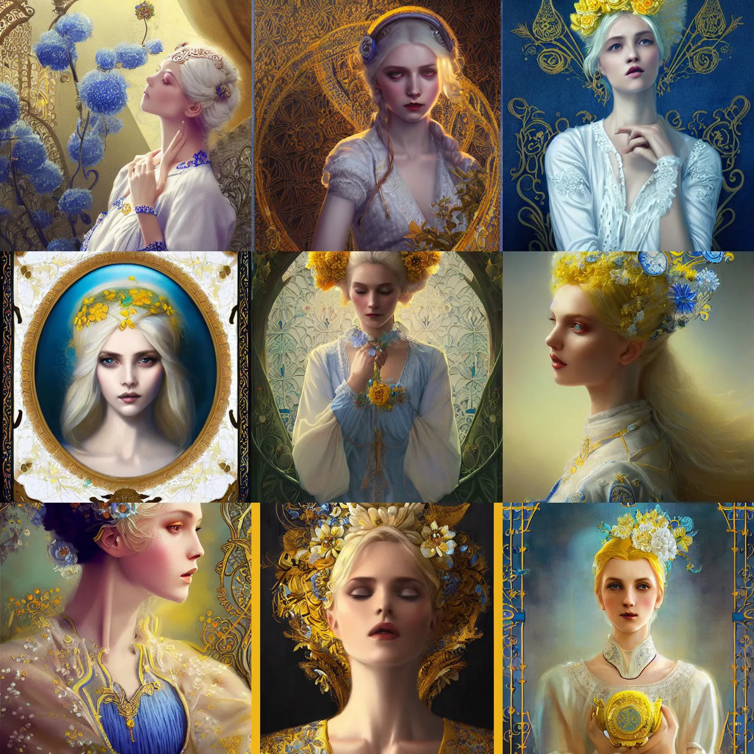 Prompt: blonde lady in white embroidered shirt, ukrainian national costume, filigree crown with blue and yellow textile embroidery flowers, intricate, elegant, digital painting, art nouveau, smooth, focus, rim light, charlie bowater, tom bagshaw, greg rutkowski