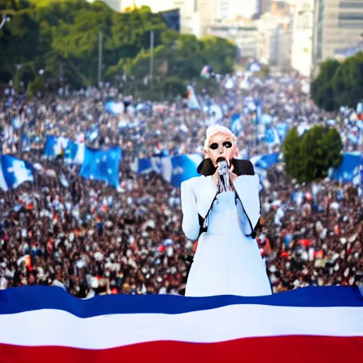 Image similar to Lady Gaga as president, Argentina presidential rally, Argentine flags behind, bokeh, giving a speech, detailed face, Argentina