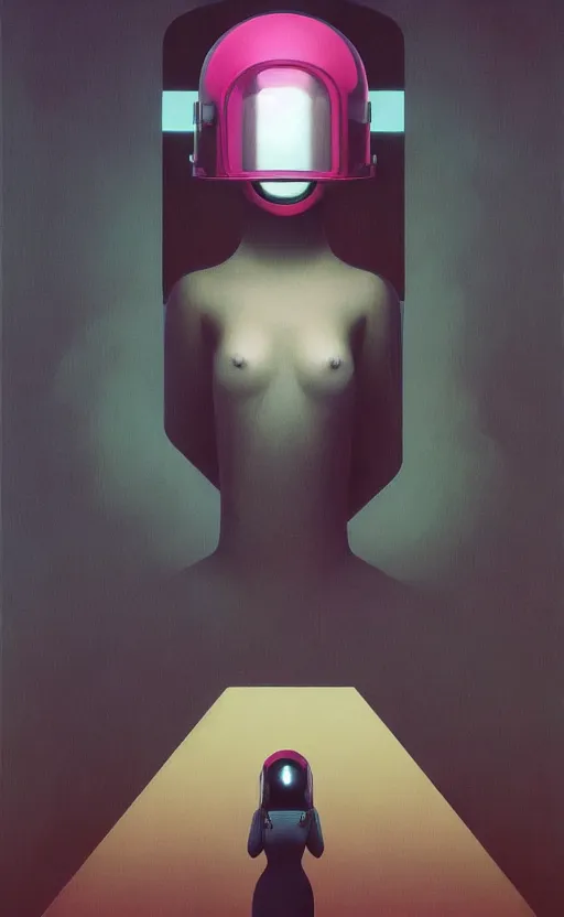 Image similar to portrait of girl wearing helmet with very tight black latex dress by Petros Afshar and Beeple, Edward Hopper and James Gilleard, Zdzislaw Beksinski, Mark Ryden, Wolfgang Lettl highly detailed
