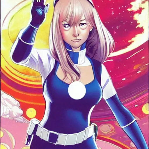 Prompt: a still of a Swedish anime girl from space Oddessey by Phil Noto and Alex Ross, in comic book cover style