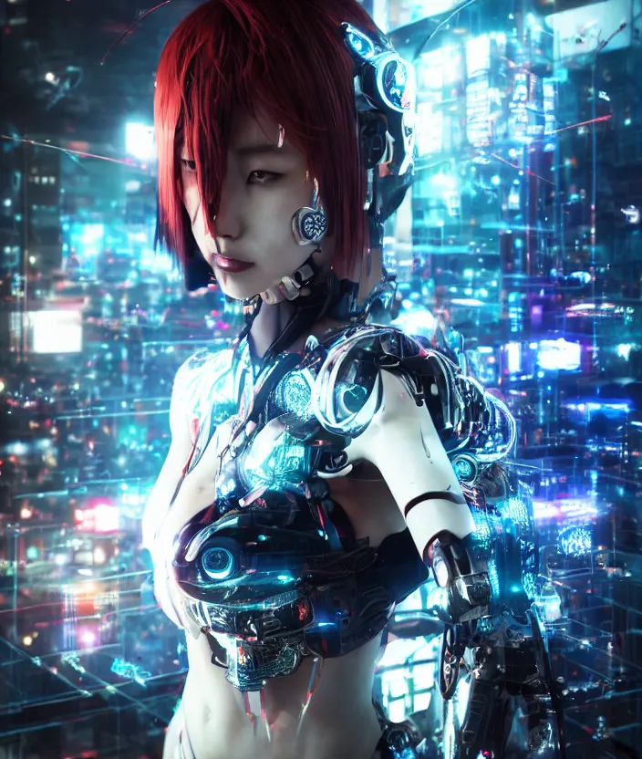 Image similar to japanese model cyborg with digital led panel skin, neon lighting, techno neon projector background, akihiko yoshida style, portrait photo, intricate details, ultra realistic, unreal engine 5, depth of field, bokeh, octane render