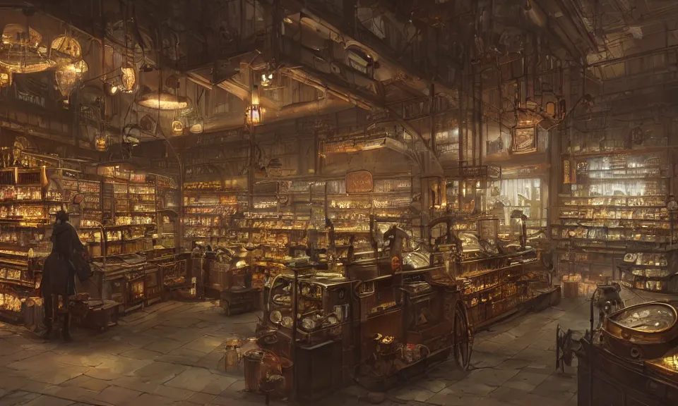 Prompt: Interior of a Steampunk grocery store Greg Rutkowski, ArtStation, CGSociety, Unreal Engine