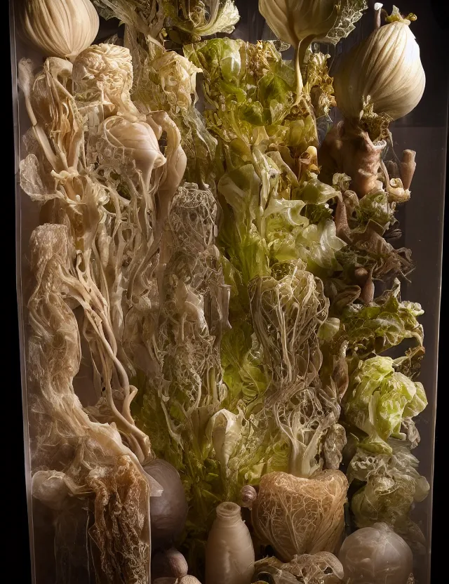 Image similar to a well - lit studio photograph of various earth - toned plastic translucent artificial organs, some wrinkled resembling plastic cabbage, some long, various sizes, textures, and transparencies, beautiful, smooth, layered detailed, intricate art nouveau internal anatomy model