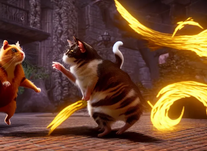 Image similar to hamster fights a cat in mortal kombat on the background of a laughing shao khan. fantasy magic style. highly detailed 8 k. intricate. lifelike. soft light. sony a 7 r iv 5 5 mm. unreal engine with nanite and path tracing