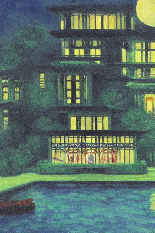 Prompt: cinematic aerial view of decorated surrealist hanging Mansion at night by Edward Hopper and Claude Monet, Mansion hanging gardens lit by floating shoji lamps, Japanese 1920s maximalist art deco hanging Mansion backyard design by Katsuhiro Otomo, the moon reflects in the water, the moon casts long exaggerated shadows, blue hour, hyper-detailed 70s watercolor by Syd Mead and by Jean Giraud, aerial view