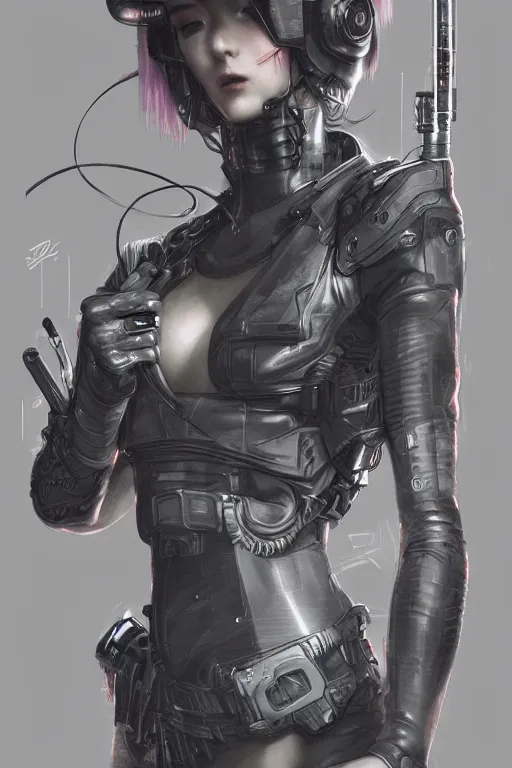 Image similar to ultrarealistic illustration cyberpunk cyberninja smoking a cigarette, cyberpunk, highly detailed, intricate, elegant, digital pencil painting, anime, cartoonish, sharp focus, character centred, illustration, art by artgerm and greg rutkowski and alphonse mucha,