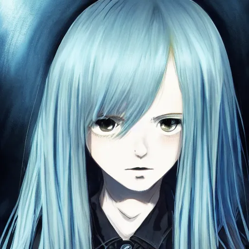 Image similar to full face shot of rimuru tempest, sky blue straight hair, long bangs, with amber eyes, wearing a fancy black jacket, high collar, ultra detailed, brush strokes, digital painting, cinematic, wlop artstation, closeup, pixiv, eerie, scary, intimidating glare, evil, yoshitaka amano, junji ito,