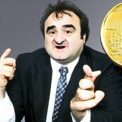 Image similar to john belushi with the face of prime minister gordon brown, wearing a tracksuit and huge gold medallions