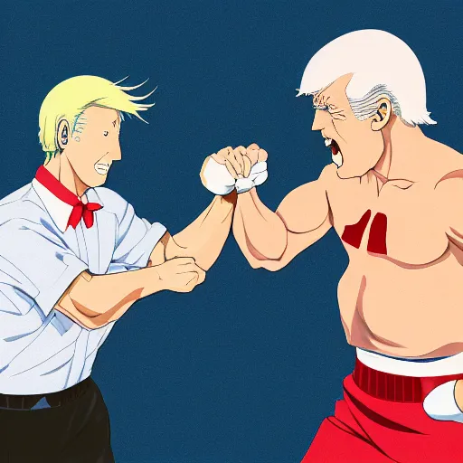 Prompt: Anime of Donald Trump and Joe Biden throwing punches, cinestill, 800t, 35mm, full-HD