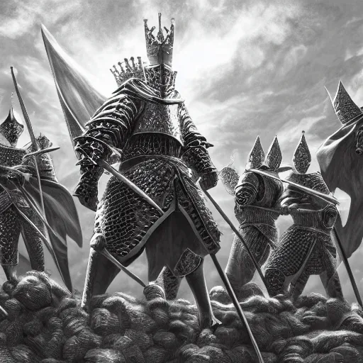 Image similar to a group of knights in the style of kentaro miura, 4 k, 8 k, absolute detailing of even the smallest details and particles, beautiful shadows, beautiful art, black and white drawing, high rendering of the details of the environment and faces