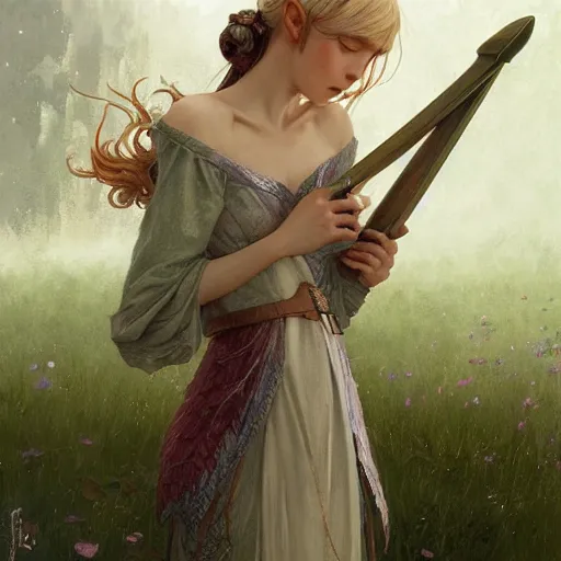 Image similar to elf fairy with a lute wearing a cardigan, blonde, highly detailed, intricate, digital painting, artstation, sharp focus, illustration, art by jakub rozalski, greg rutkowski, artgerm, tan zi and ayanamikodon and alphonse mucha and wlop