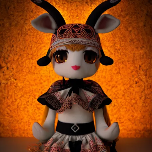 Prompt: cute fumo plush of a goat girl with horns, anime girl, tribal outfit with intricate celtic knot patterns, gothic maiden shaman, pagan goddess, glowing, bokeh, artstation, vray