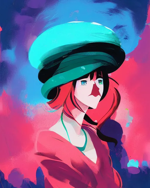 Image similar to girl with beret, colored manga panel, drawn by Anton Fadeev