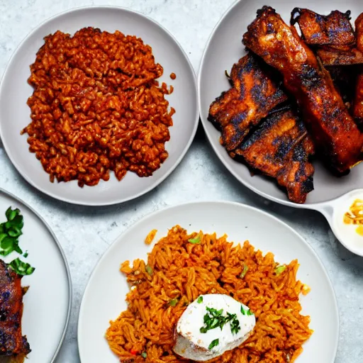 Prompt: jollof rice with fried haloumi cheese on the side, bbq ribs on the side, and lentils next to jollof