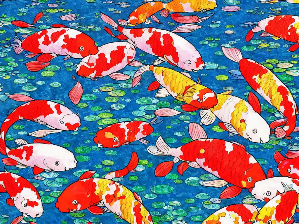 Image similar to colorful koi carp in a waterly pond, illustration, concept art, colorful, beautiful, studio ghibli, takashi murakami, aoshima chiho, manga, cute and adorable